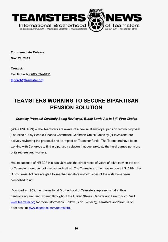 Teamsters Working to Secure Bipartisan Pension Solution